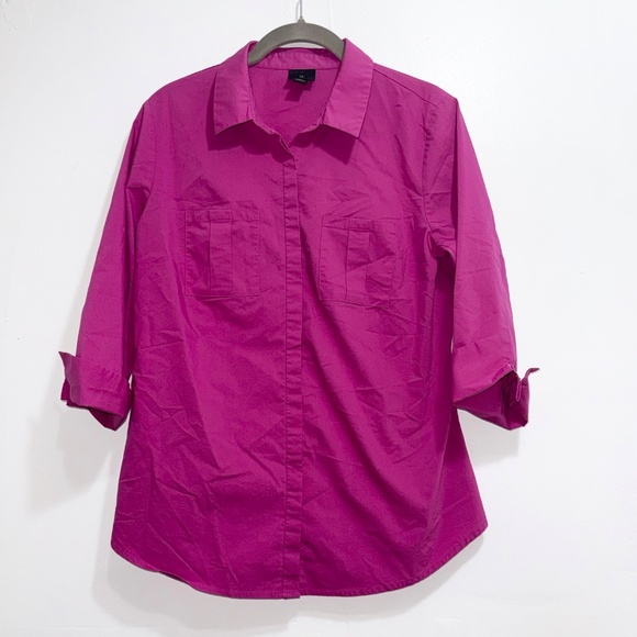 Worthington Fuchsia Button Front Shirt Cuffed Sleeves Women’s Medium - Picture 2 of 7
